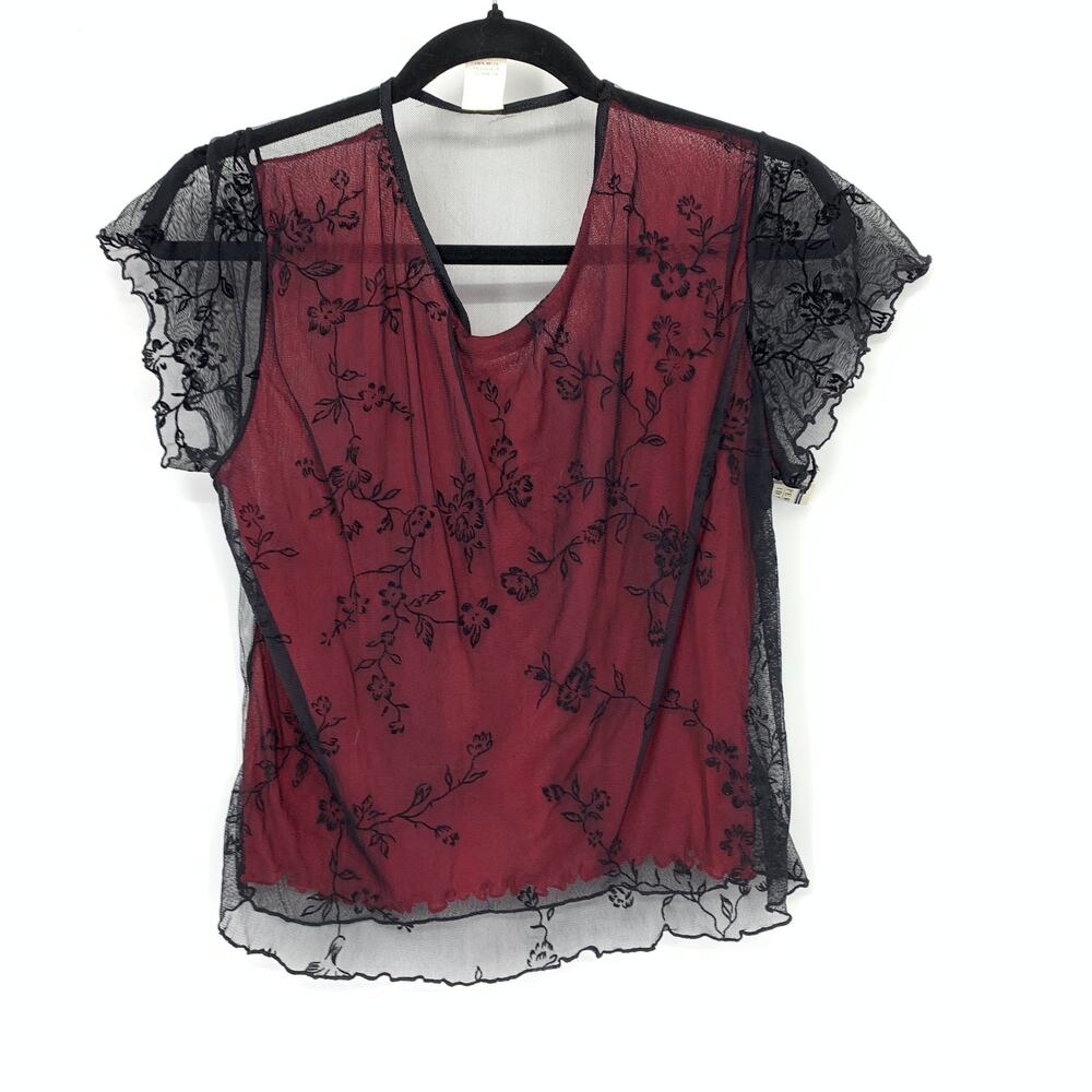 Vintage 90s Sheer Lace Mesh Floral Top Womens Romantic Blouse Sz XS/S Red Black